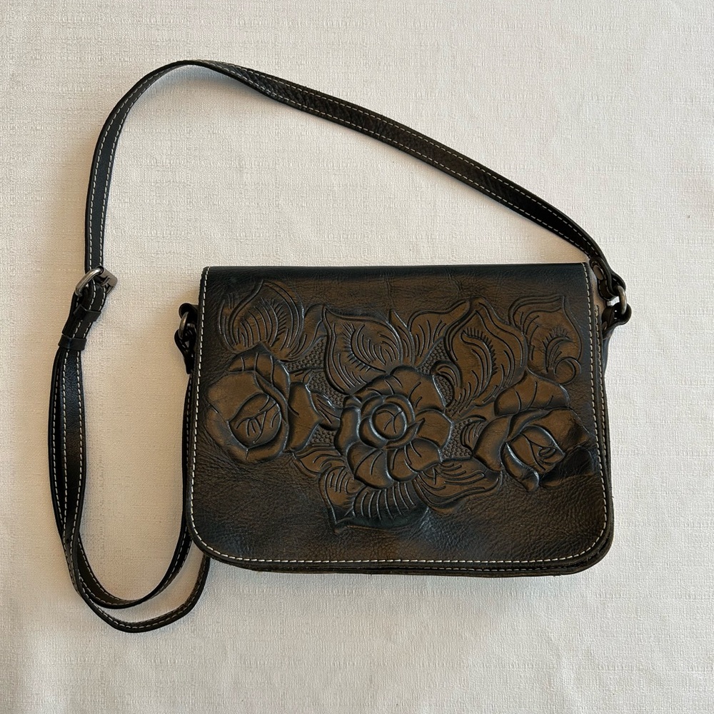 Vintage Patrica Nash Elegant Embossed Black Leather Shoulder Bag